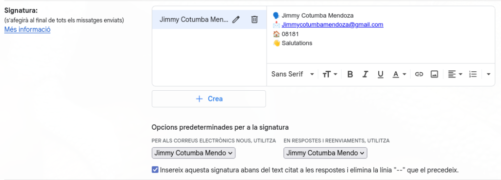 Configuració d'una signatura Screenshot 2025 09 26 At 08 45 22 Configuracio Jimmycotumbamendoza@gmail.com Gmail 1024x369