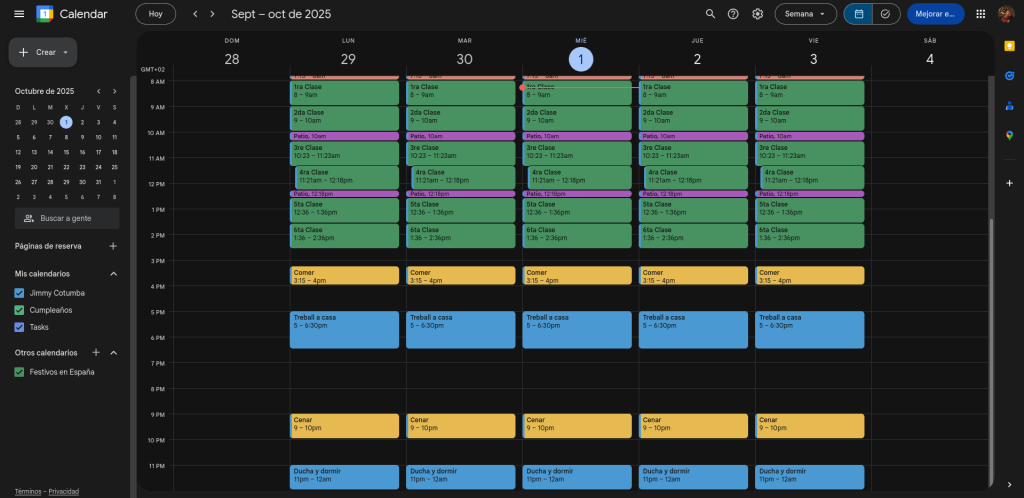Configuració de l'horari personal en el compte personal creat Screenshot 2025 10 01 At 08 15 03 Google Calendar Semana Del 28 De Septiembre De 2025 1024x498