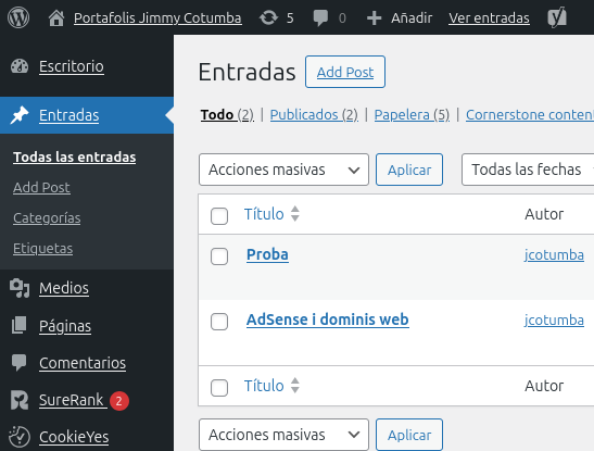 Creació d’etiquetes per categoritzar les entrades screenshot 2025 10 07 at 13 51 27 entradas portafolis jimmy cotumba — wordpress