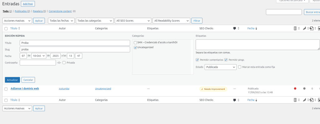 Creació d’etiquetes per categoritzar les entrades screenshot 2025 10 07 at 13 55 36 entradas portafolis jimmy cotumba — wordpress