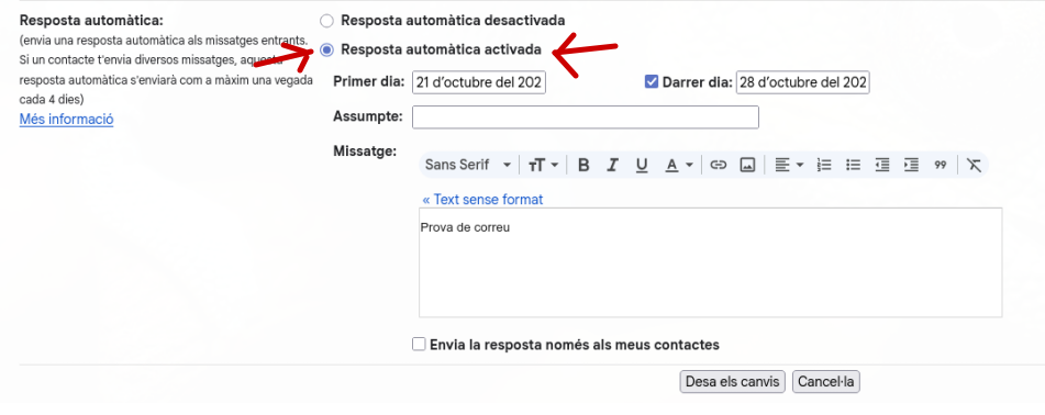 Configuració d'una resposta automàtica que informi del correu corporatiu automatica