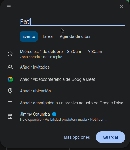 Configuració de l'horari personal en el compte personal creat Calendar