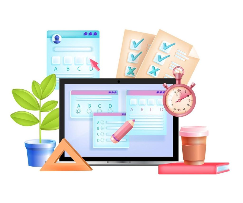 Comparativa de l'estàlvi en recursos materials d'una prova en paper o en Moodle online exam internet test digital education e learning 3d illustration vector